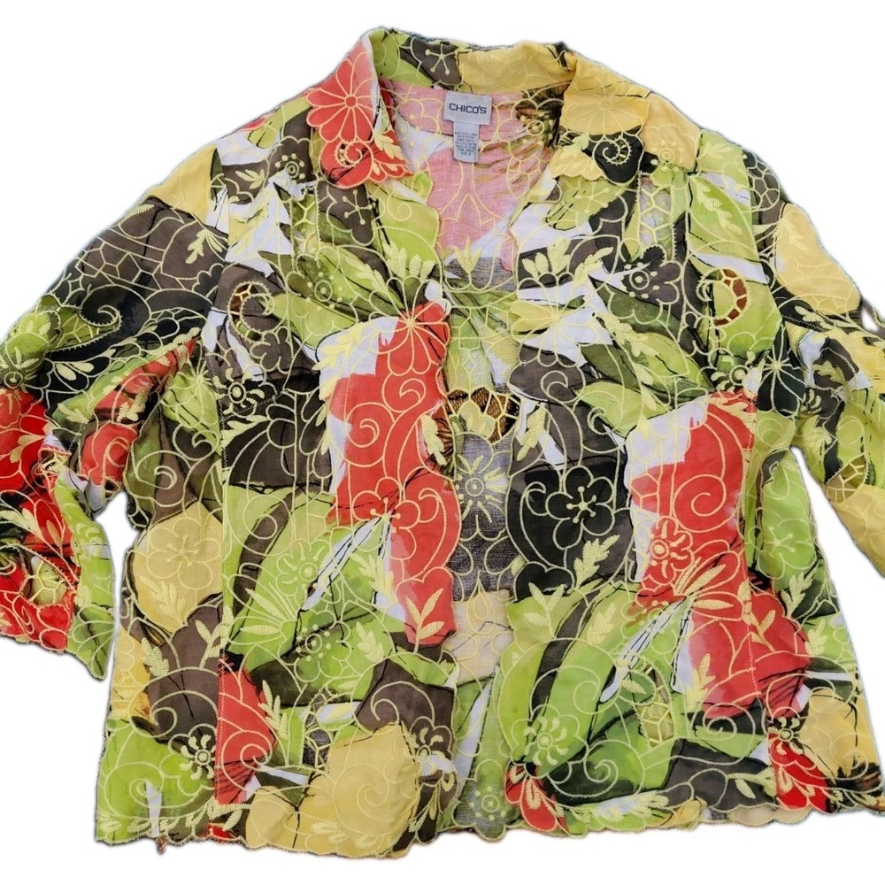 Chicos Size 2= M/12 Linen Blend Open Jacket Floral Multi Embroidered 3/4 Sleeve